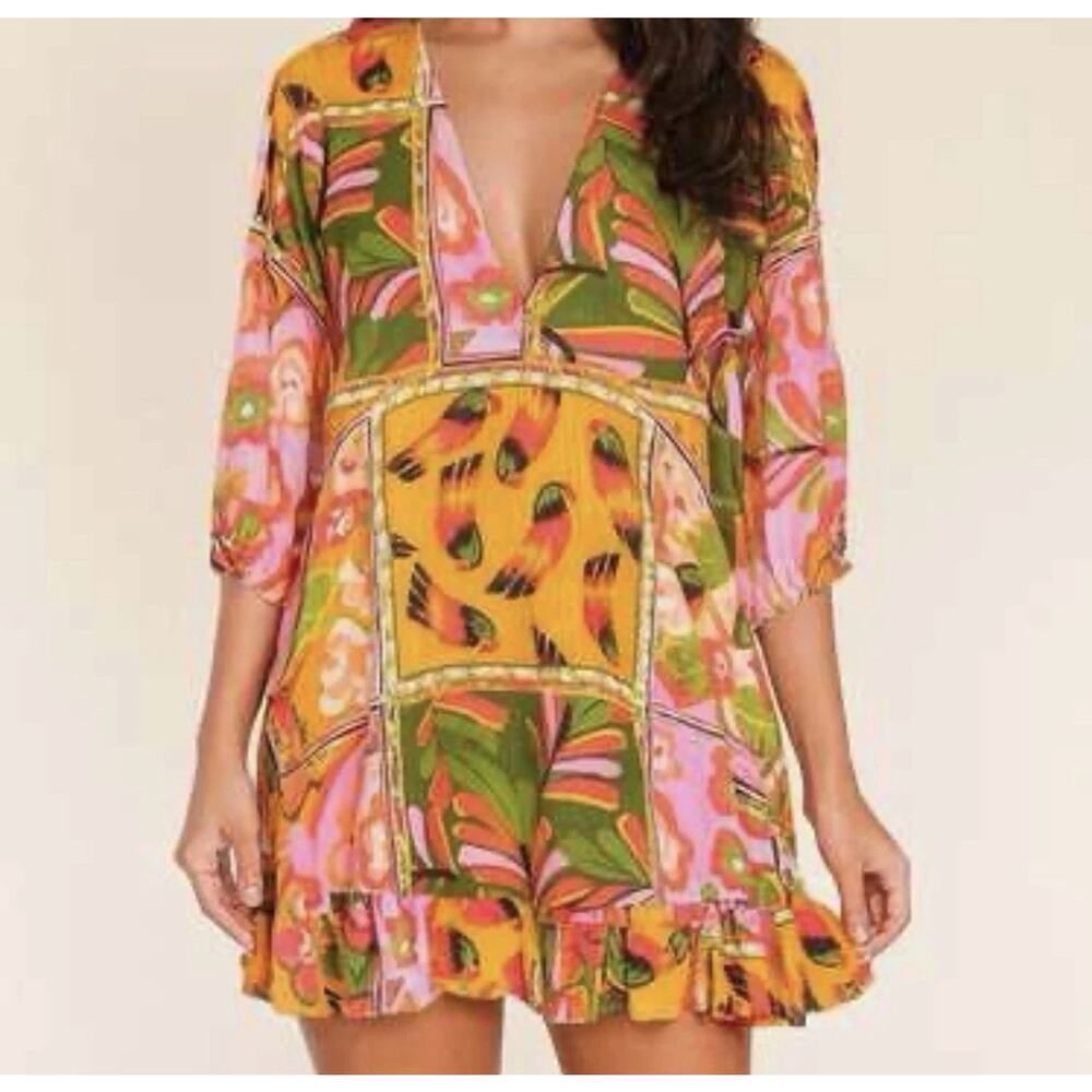 Tropical Patchwork Parrot Mini Dress Boho Resort Farm Rio Style Swim Cover S